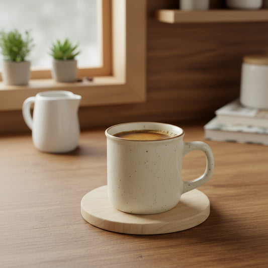White speckled mug with coffee on a wooden coaster on a wooden table, with a blurred background of plants and a window.