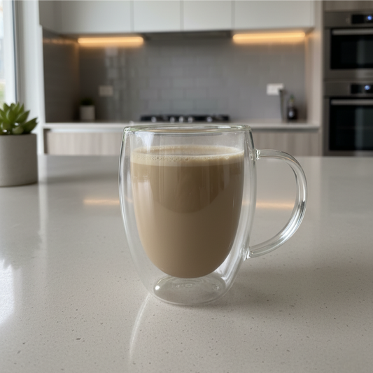 Double wall glass mug with a hot coffee on a kitchen counter