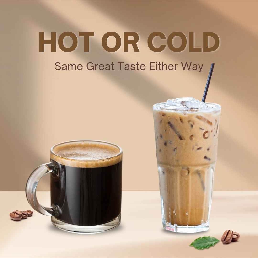 Black and cold coffee with Hot or Cold written in the background