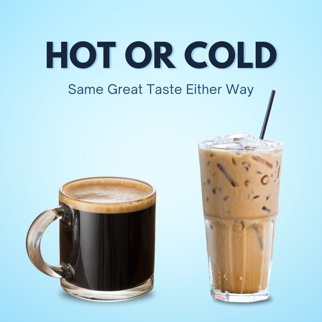 Cold Coffee and Hot Black Coffee with light blue background and Hot or Cold written on the top