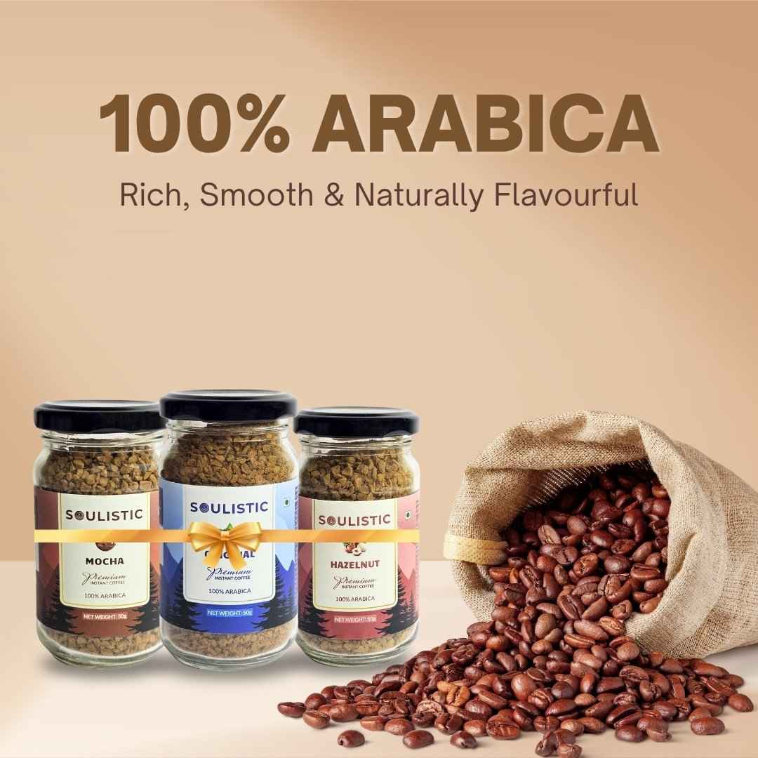 Soulistic Instant Coffee Trio: Original, Hazelnut, & Mocha (50g Jars) | Pack of 3