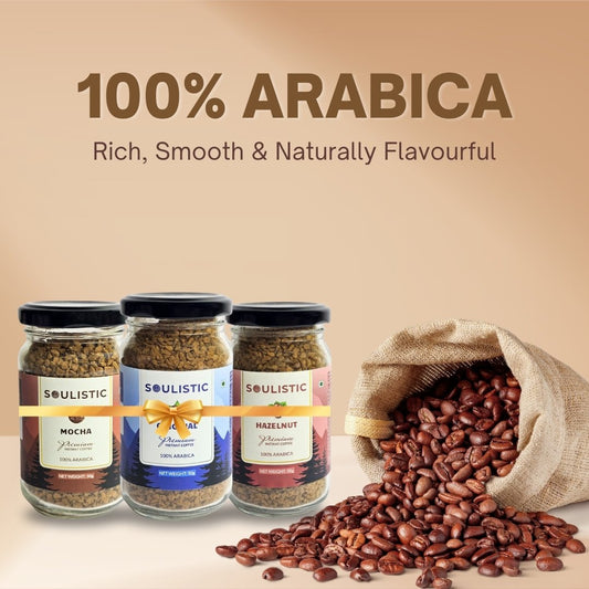 Soulistic Instant Coffee Trio: Original, Hazelnut & Mocha (50g Jars) | Pack of 3