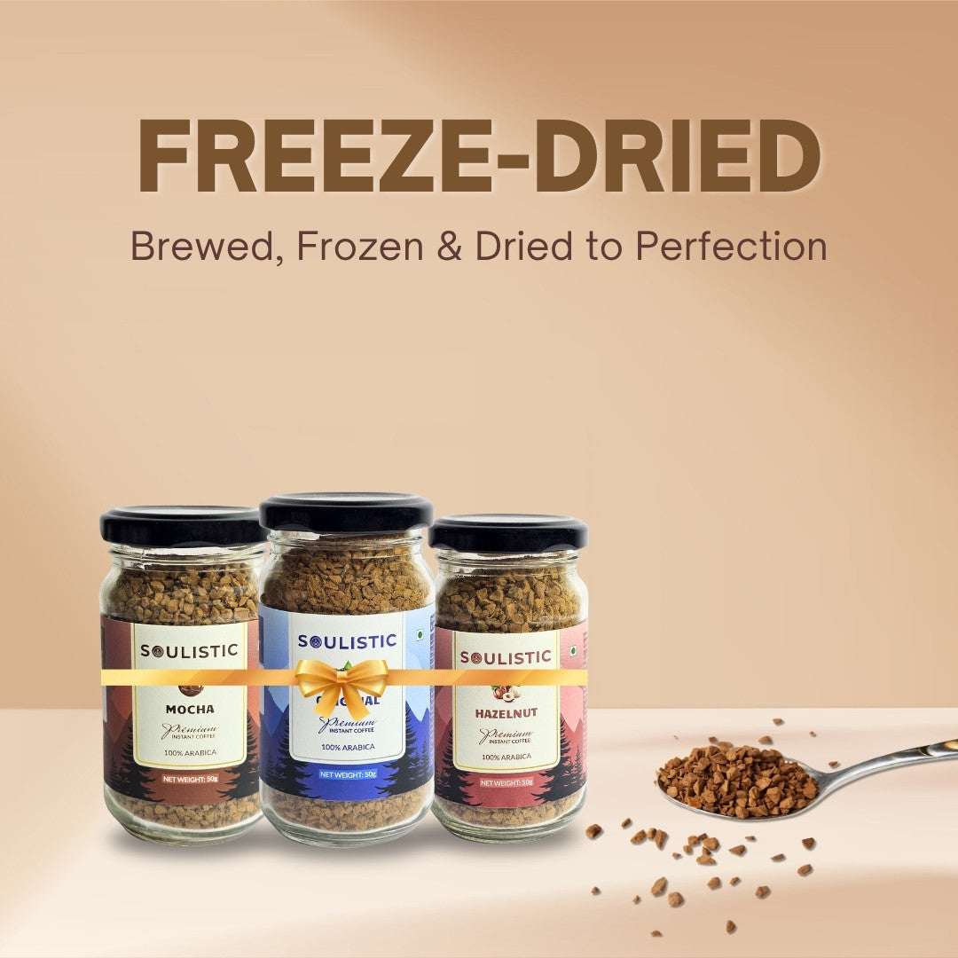 Soulistic Instant Coffee Trio: Original, Hazelnut, & Mocha (50g Jars) | Pack of 3