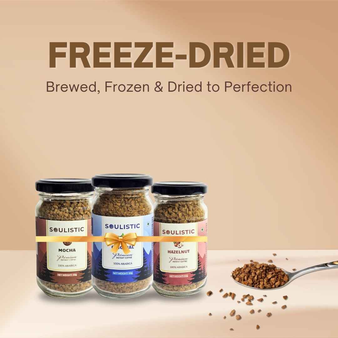 Soulistic Instant Coffee Trio: Original, Hazelnut, & Mocha (50g Jars) | Pack of 3