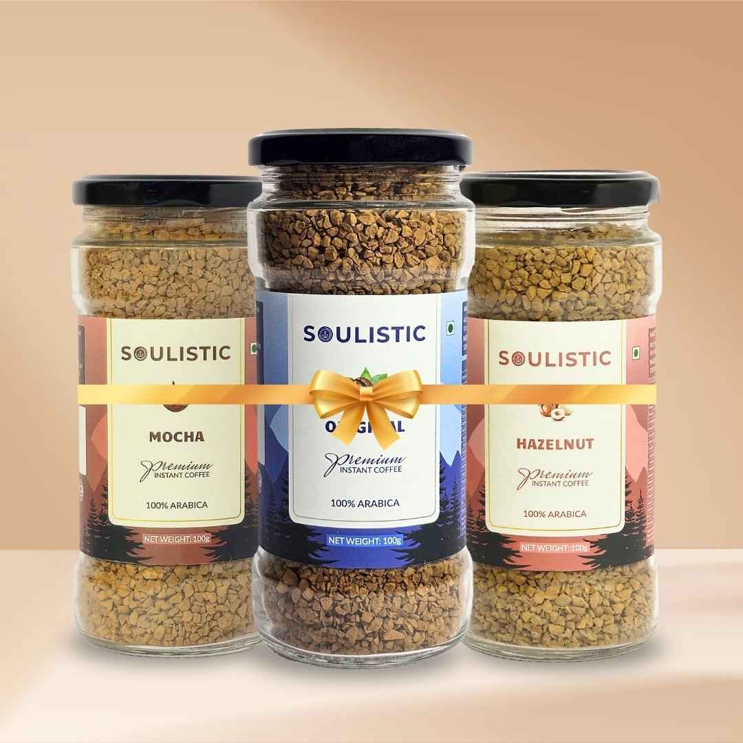 Soulistic Instant Coffee Trio: Original, Hazelnut, & Mocha (100g Jars) | Pack of 3