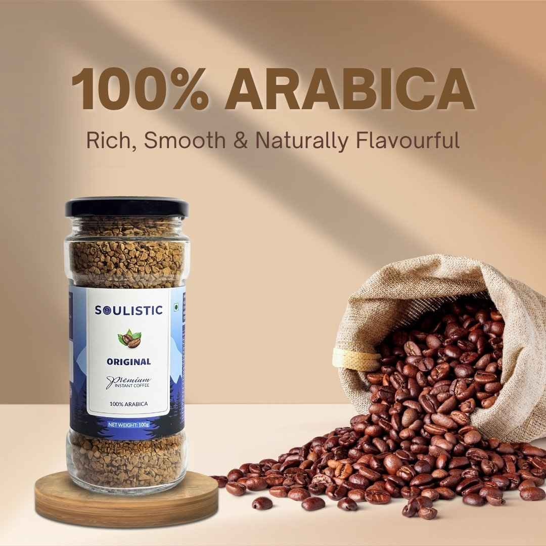 Soulistic Original Coffee jar with 100% Arabica written in the background