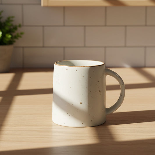 Soulistic white stoneware mug with a speckled pattern on a wooden surface with a tiled wall background