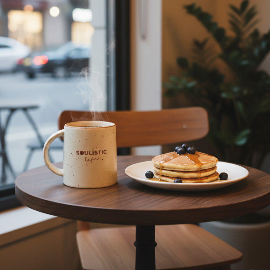 Steaming mug of coffee and a plate of pancakes on a wooden table with a city street in the background.
