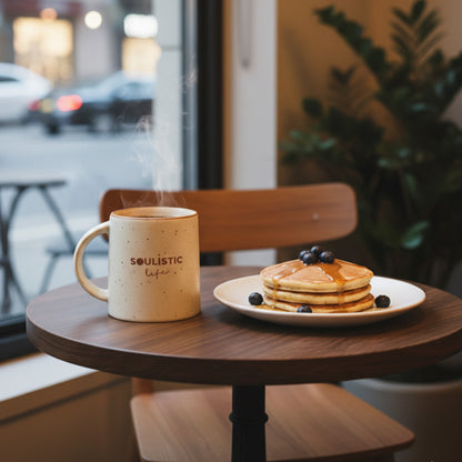 Steaming mug of coffee and a plate of pancakes on a wooden table with a city street in the background.