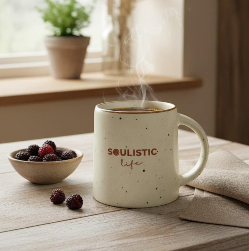 Steaming french stoneware mug of coffee with 'Soulistic Life' on a wooden table with berries and a plant in the background