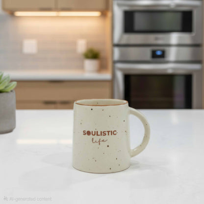 French Stoneware mug with 'Soulistic Life' text on a kitchen counter