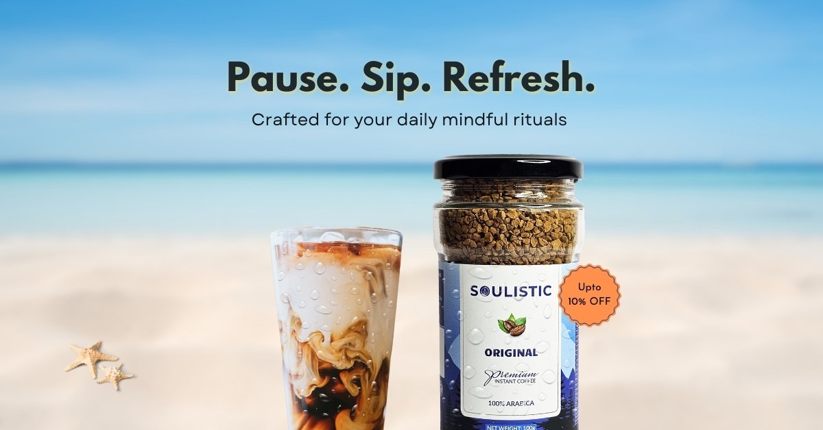 Soulistic Original coffee jar with chilled ice coffee glass with beach with blue water and sky in the background