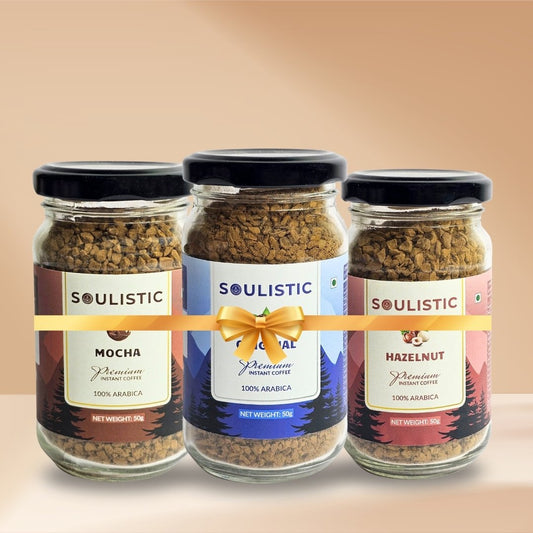 Soulistic Instant Coffee Trio: Original, Hazelnut, & Mocha (50g Jars) | Pack of 3