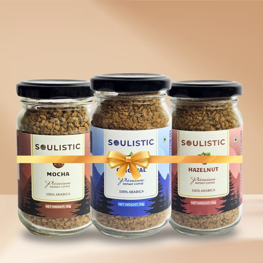 Soulistic Instant Coffee Trio: Original, Hazelnut & Mocha (50g Jars) | Pack of 3