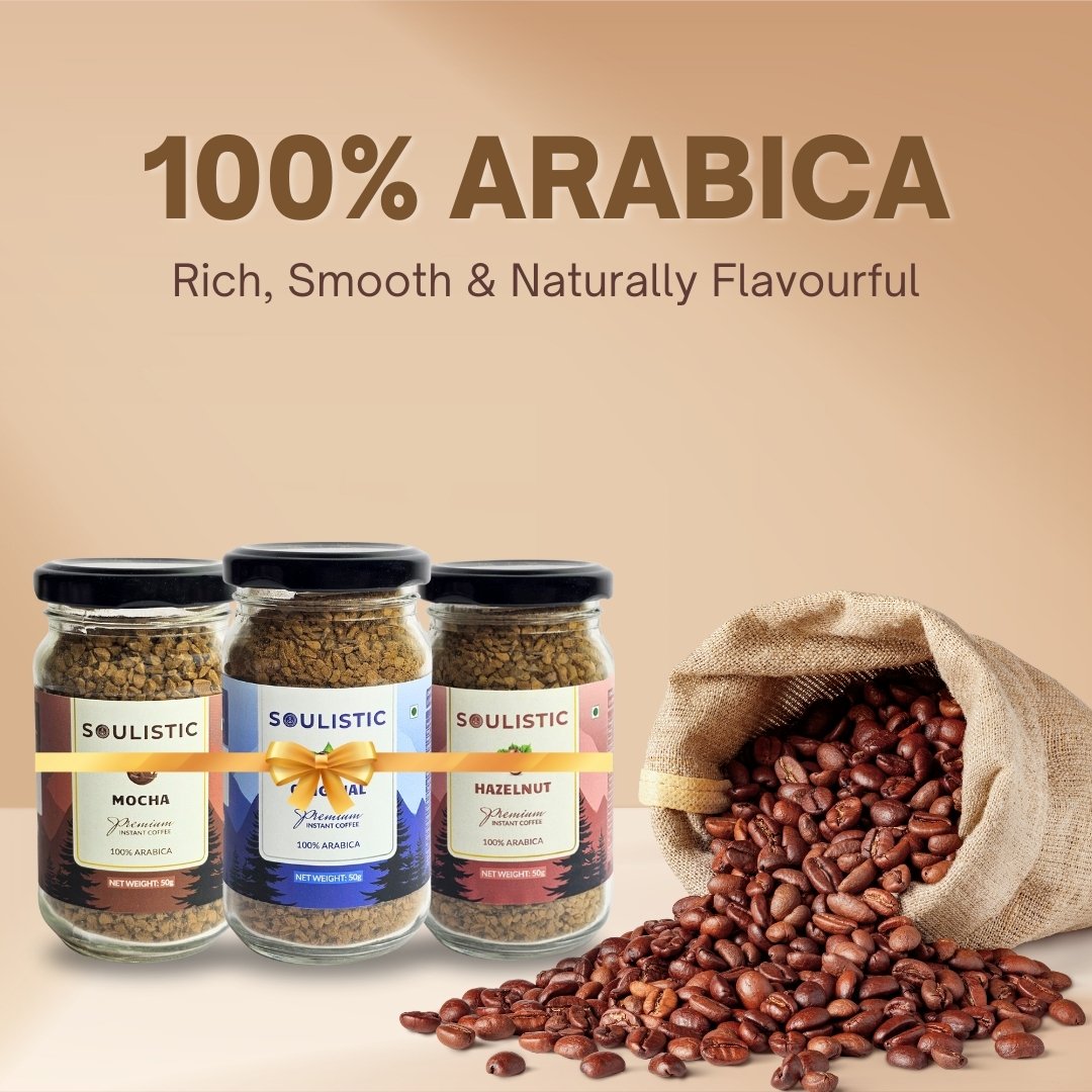 Soulistic Instant Coffee Trio: Original, Hazelnut & Mocha (50g Jars) | Pack of 3