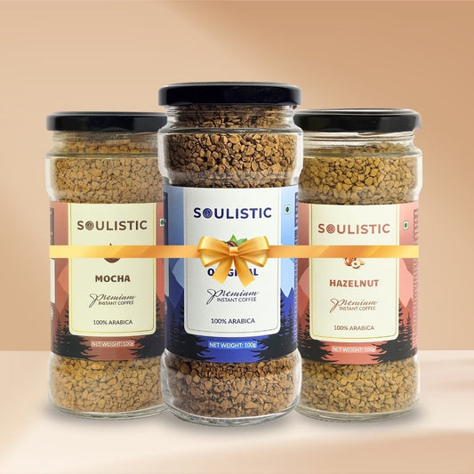Soulistic Instant Coffee Trio: Original, Hazelnut, & Mocha (100g Jars) | Pack of 3