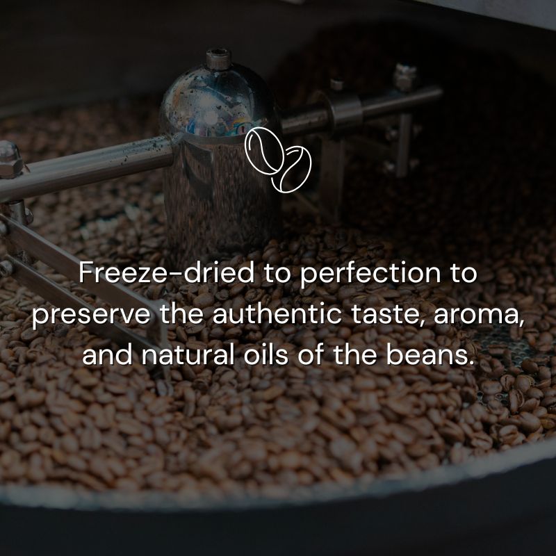 Coffee grinder with coffee beans and text about the Soulistic Coffee Freeze Drying process