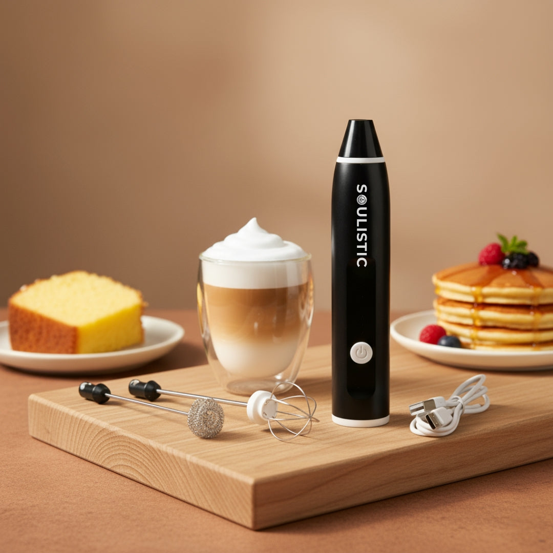 Soulistic Electric Frother with its attachments, a glass mug of Latte in the foreground, a slice of sponge cake and a plate of pancakes in the background.
