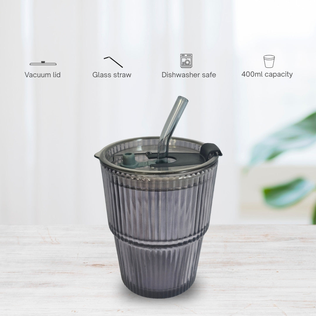 Soulistic ribbed glass sipper with vacuum lid, glass straw, dishwasher safe, and 400ml capacity text on a light background