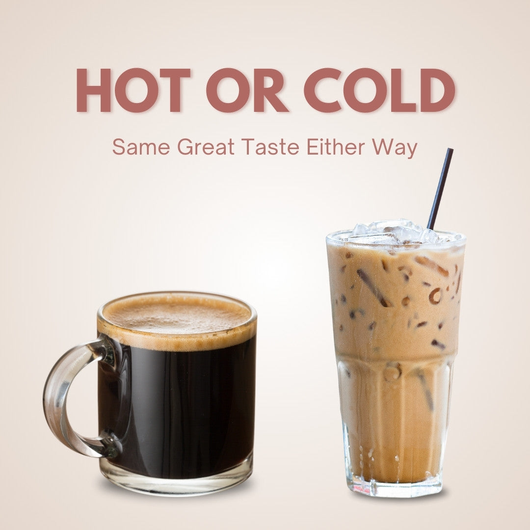 Cold Coffee and Hot Black Coffee with light brown background and Hot or Cold written on the top