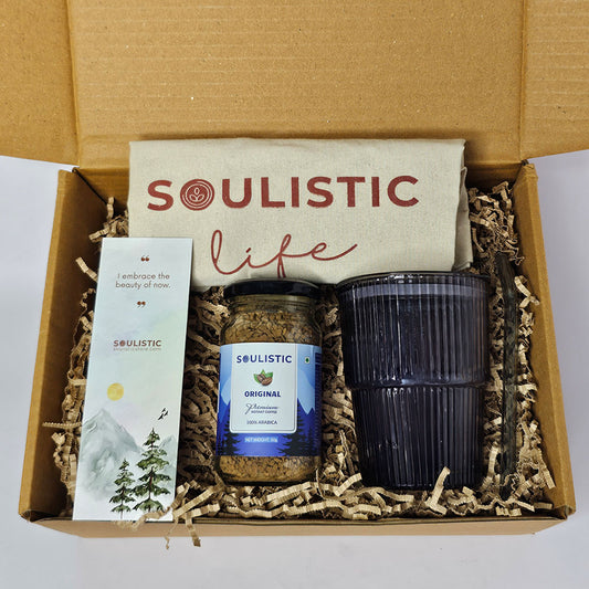 Gift set with 'Soulistic' branding including a jar, tumbler, and card in a box.