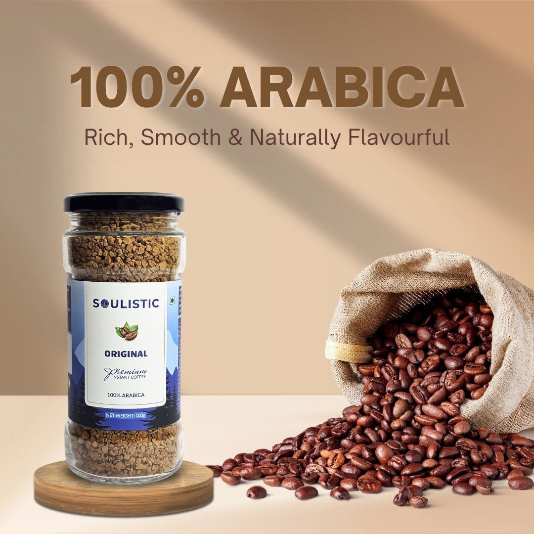 Soulistic Coffee Jar and open bag of coffee beans with '100% Arabica' text on a beige background
