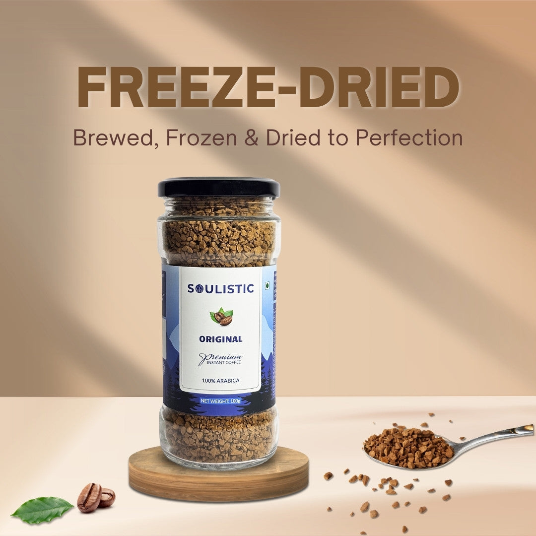 Soulistic Coffee Jar of freeze-dried coffee written on a beige background