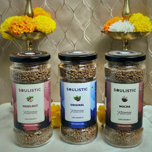 Soulistic Instant Coffee Trio: Original, Hazelnut, & Mocha (100g Jars) | Pack of 3