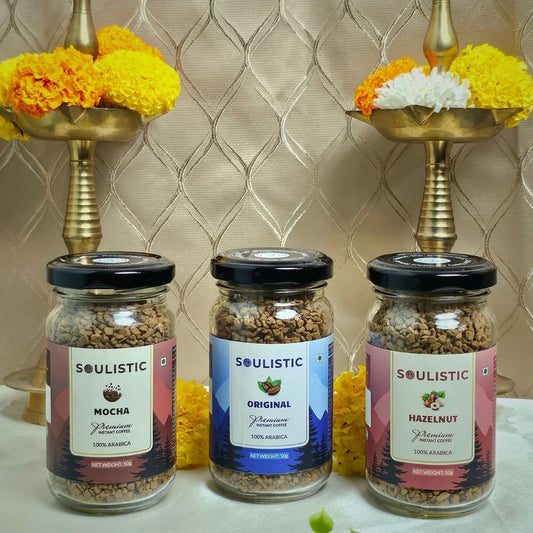 Soulistic Instant Coffee Trio: Original, Hazelnut & Mocha (50g Jars) | Pack of 3