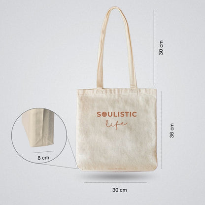 Beige tote bag with dimensions and fabric close-up on a light background.