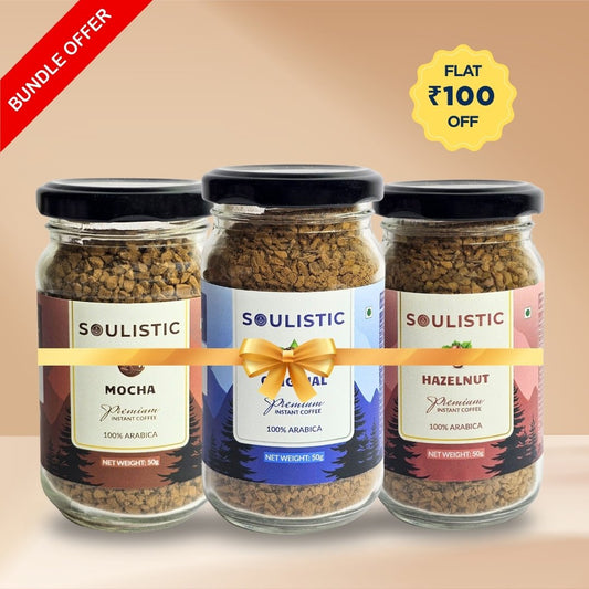 Soulistic Instant Coffee Trio: Original, Hazelnut & Mocha (50g Jars) | Pack of 3