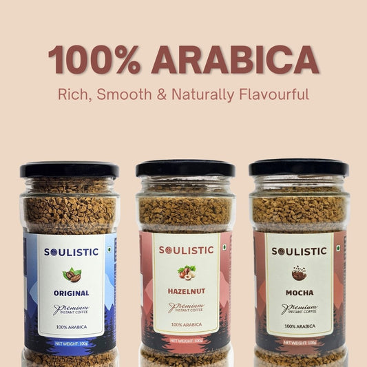 Soulistic Instant Coffee Trio: Original, Hazelnut, & Mocha (100g Jars)