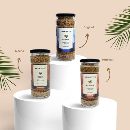 Soulistic Instant Coffee Trio: Original, Hazelnut, & Mocha (100g Jars)